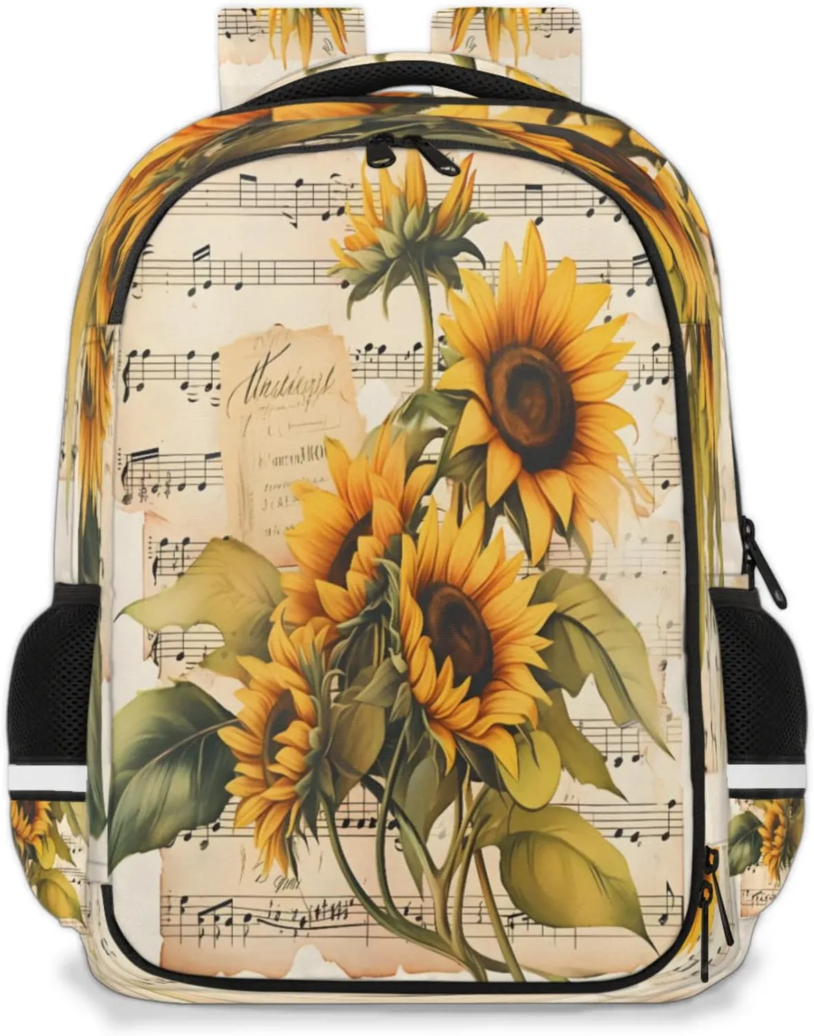 QsirBC Musical Notes Sunflower Multi Compartment Backpack with Reflective Strips Adjustable Padded Straps Large Capacity Waterproof Duffel Bag for Men Women Work and Daily Use