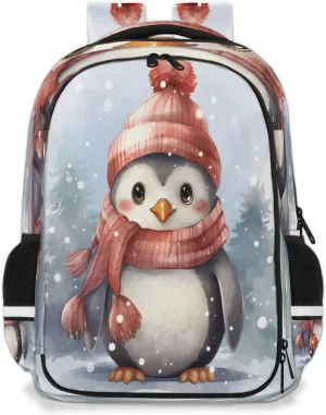 QsirBC Penguin Cartoon Hat Scarf Multi Compartment Backpack with Reflective Strips Adjustable Padded Straps Large Capacity Waterproof Duffel Bag for Men Women Work and Daily Use