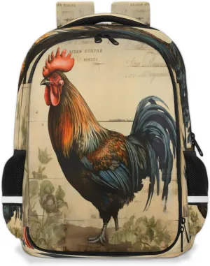 QsirBC Rooster Flower Vintage Multi Compartment Backpack with Reflective Strips Adjustable Padded Straps Large Capacity Waterproof Duffel Bag for Men Women Work and Daily Use