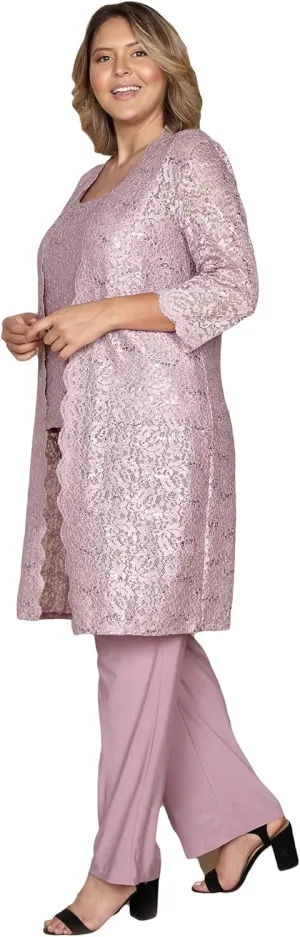 R&M Richards Mother of The Bride Pant Suit, 3 Pieces Dress Set | Sleeveless with Matching Lace Jacket
