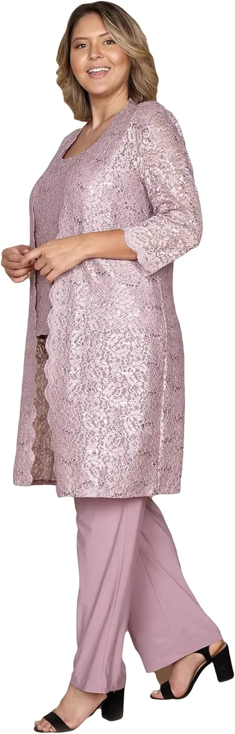 R&M Richards Mother of The Bride Pant Suit, 3 Pieces Dress Set | Sleeveless with Matching Lace Jacket