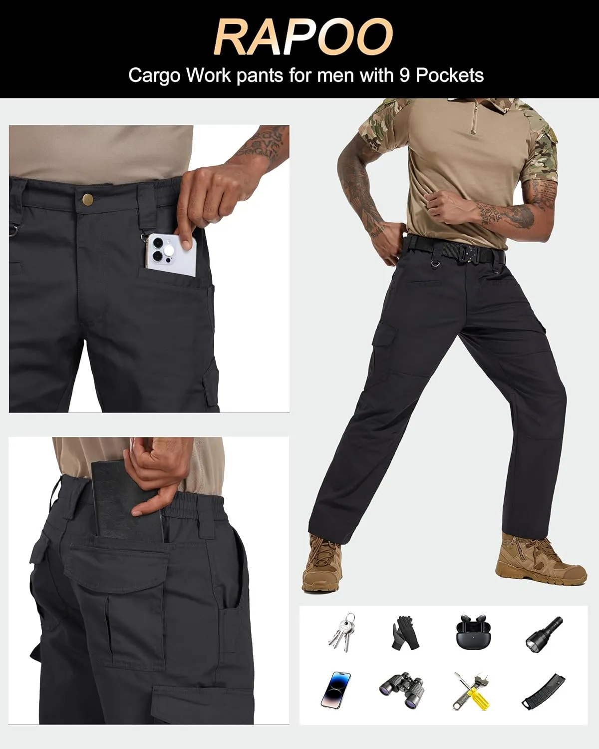 Rapoo Ripstop Water Resistant Cargo Tactical Pants for Men EDC Hiking Work Military Army Pants with 9 Pockets