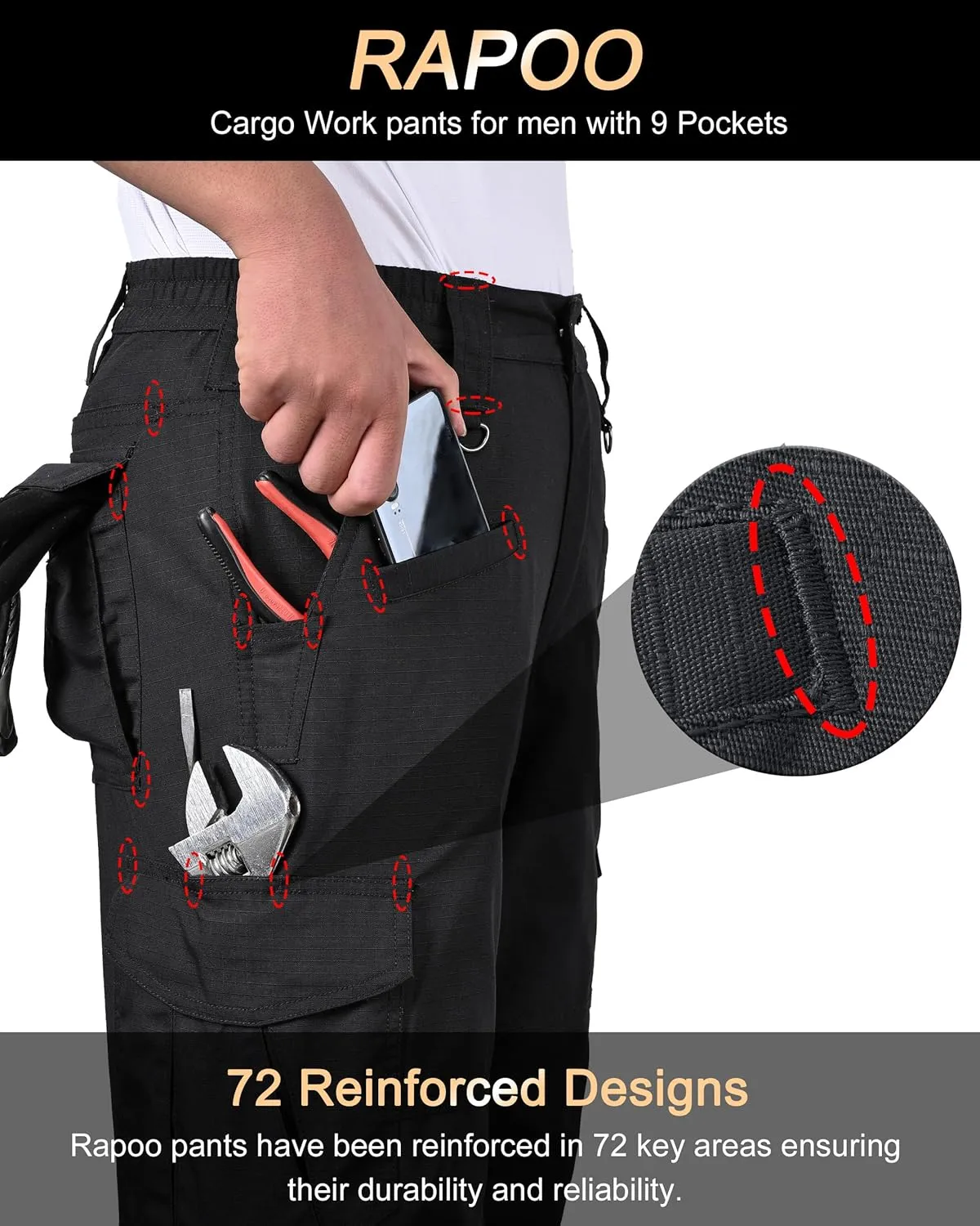 Rapoo Ripstop Water Resistant Cargo Tactical Pants for Men EDC Hiking Work Military Army Pants with 9 Pockets