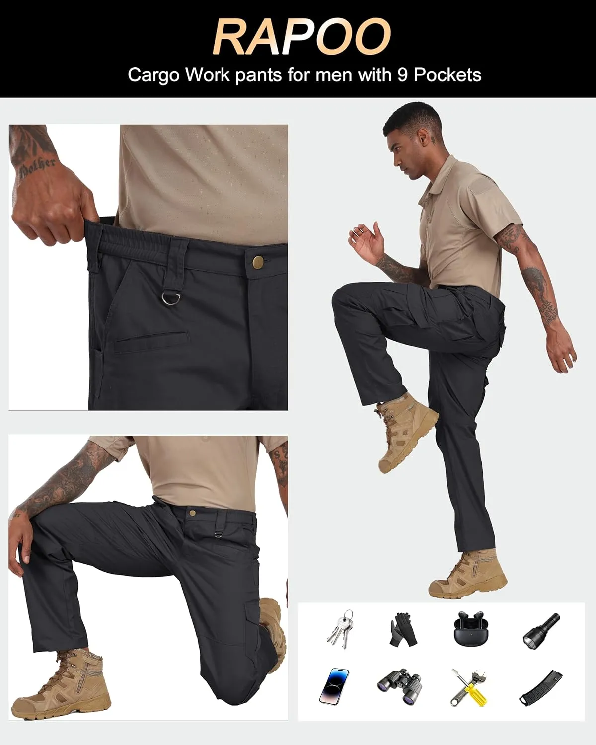 Rapoo Ripstop Water Resistant Cargo Tactical Pants for Men EDC Hiking Work Military Army Pants with 9 Pockets