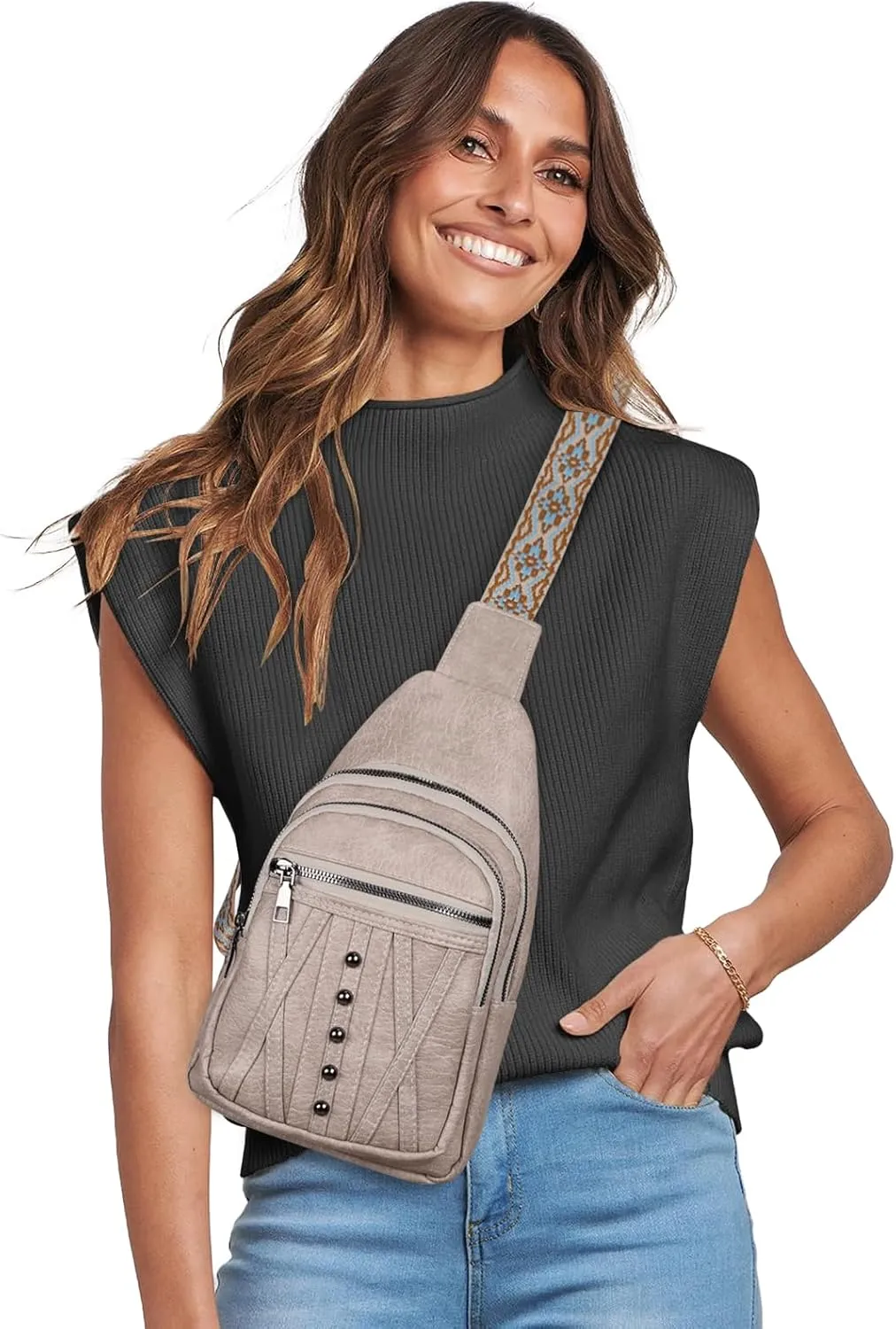 Relang Sling Bag for Women Crossbody, Leather Cross Body Fanny Packs for Women, Trendy Chest Bag for Travel and Daily Use