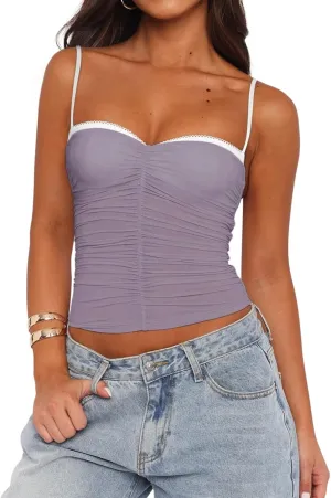 REORIA Women's Sexy Sweetheart Neck Going Out Tank Top Adjustable Spaghetti Straps Mesh Ruched Cami Tank Y2k Summer Outfits