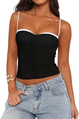 REORIA Women's Sexy Sweetheart Neck Going Out Tank Top Adjustable Spaghetti Straps Mesh Ruched Cami Tank Y2k Summer Outfits