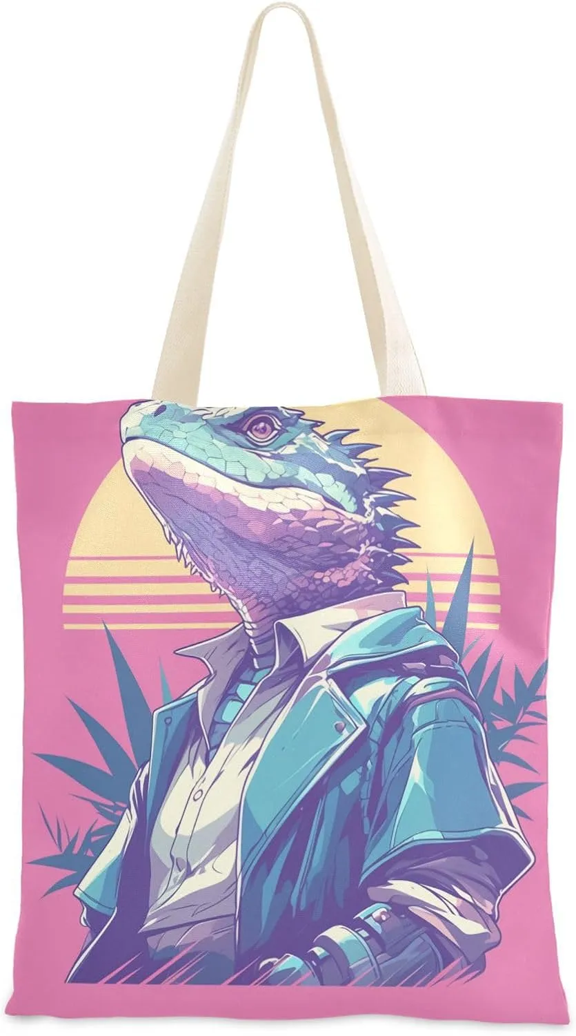 Reptile Peach Tropical Style Canvas Tote Bag With Pockets with handles Reusable Tote Bags Canvas Shopping Bags for Daily Use Bolsa de lona