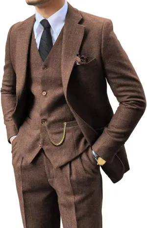 Retro 3 Piece Suit Tweed Herringbone Men's Suits Slim Fit Groom Tuxedos Set Prom Brown Grey Jacket Blazer Vest Pants