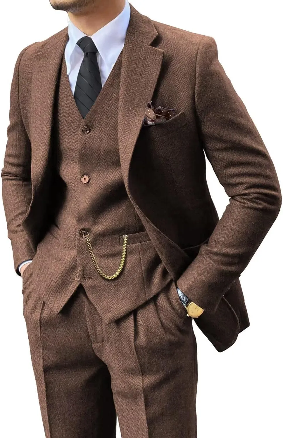 Retro 3 Piece Suit Tweed Herringbone Men's Suits Slim Fit Groom Tuxedos Set Prom Brown Grey Jacket Blazer Vest Pants