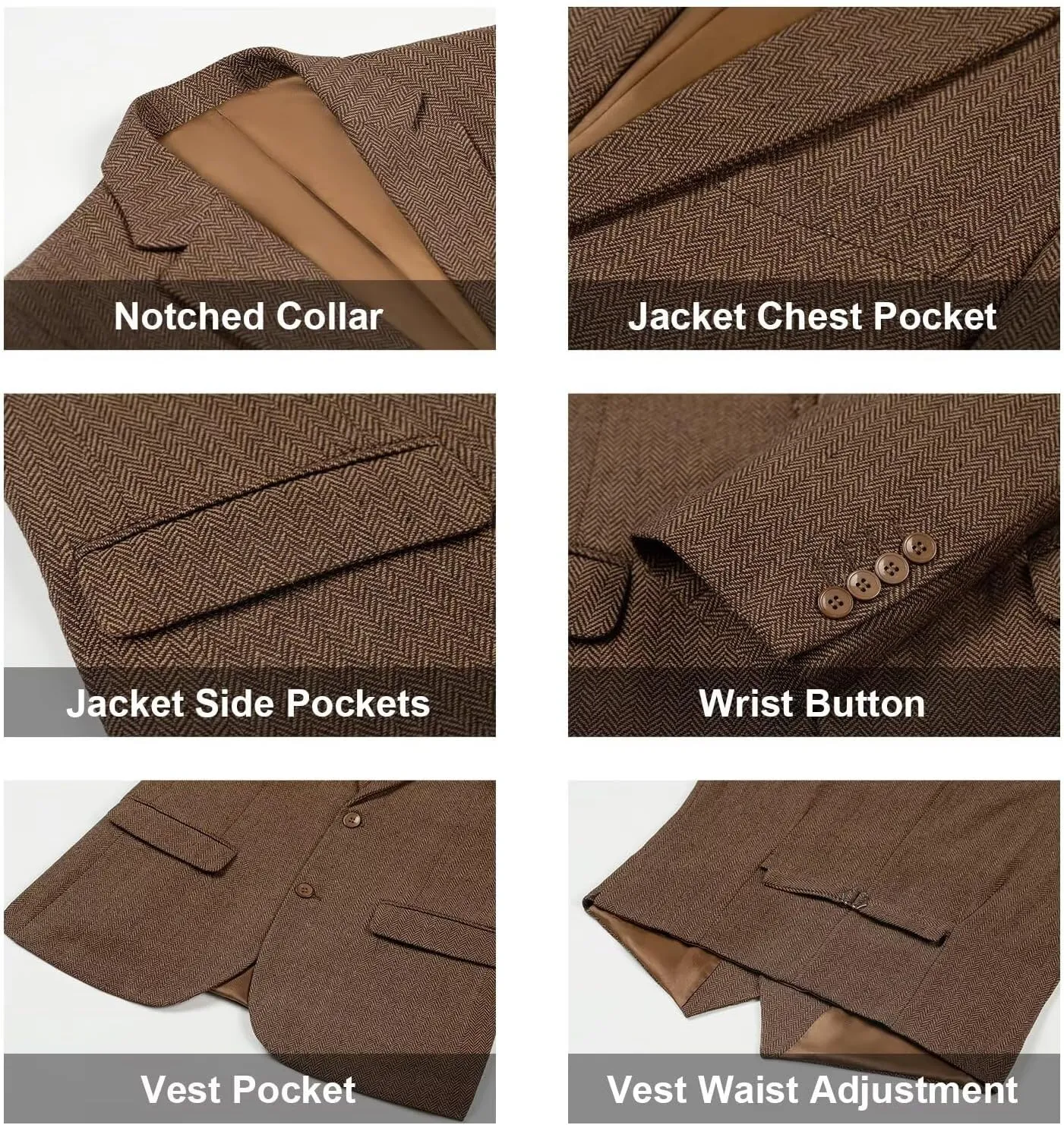 Retro 3 Piece Suit Tweed Herringbone Men's Suits Slim Fit Groom Tuxedos Set Prom Brown Grey Jacket Blazer Vest Pants