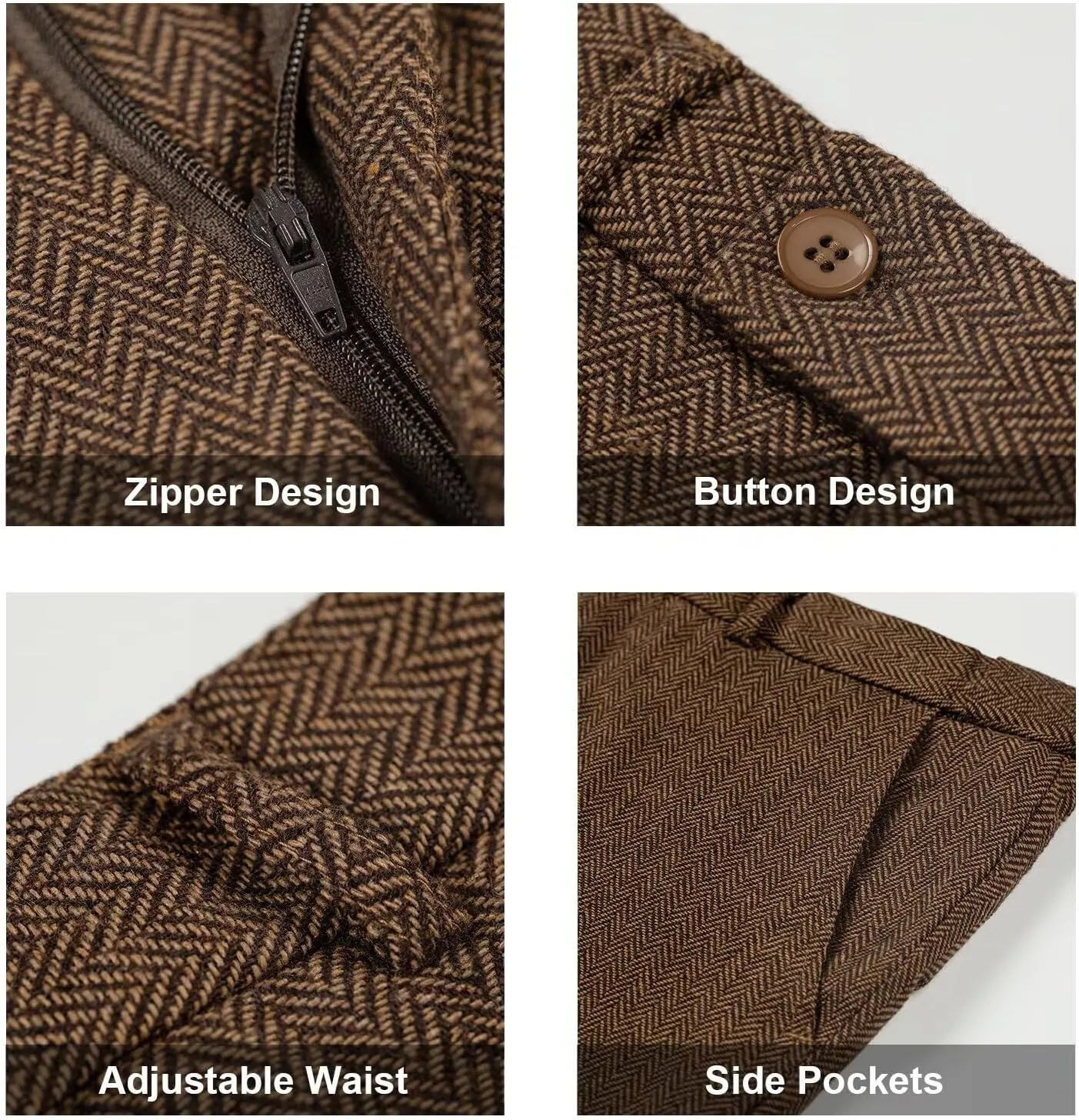 Retro 3 Piece Suit Tweed Herringbone Men's Suits Slim Fit Groom Tuxedos Set Prom Brown Grey Jacket Blazer Vest Pants