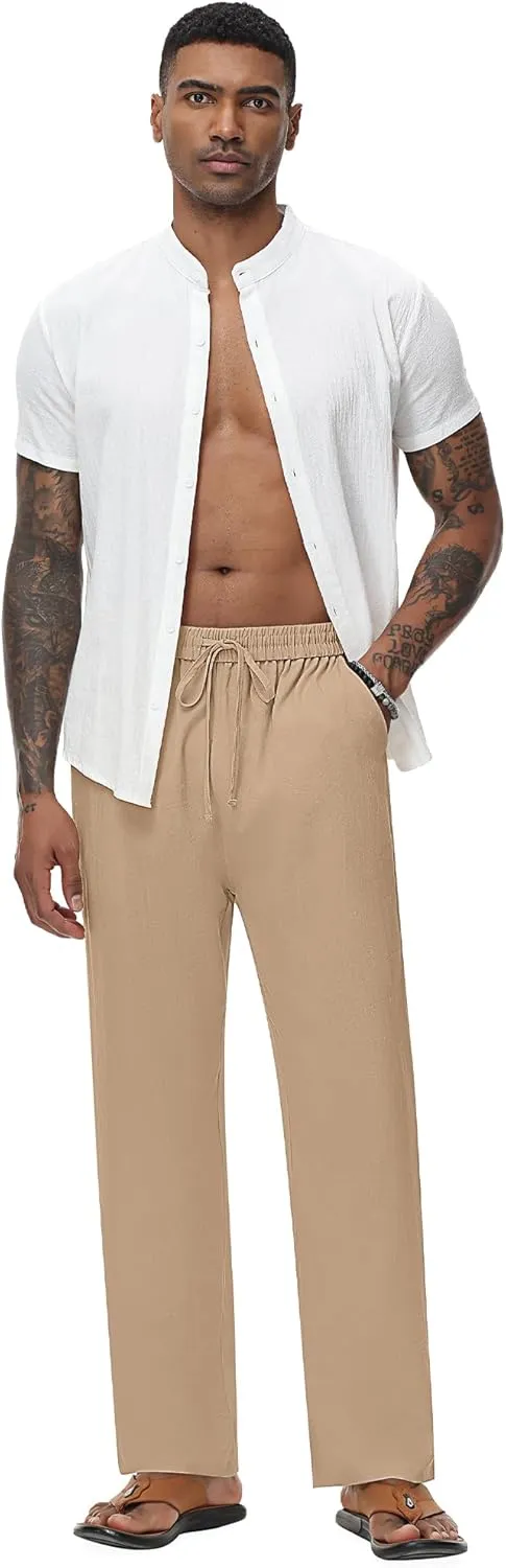 Riyiper 2 Pack Men's Linen Pants, Casual Pants with Pockets Lightweight Pants Elastic Waist Yoga Lounge Trousers