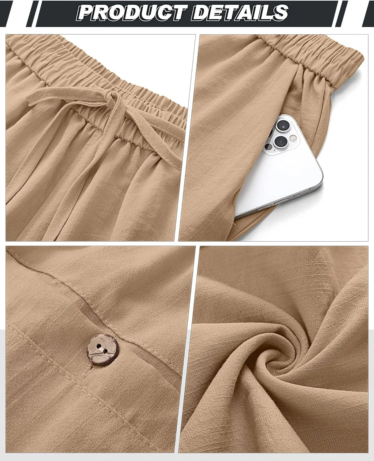 Riyiper 2 Pack Men's Linen Pants, Casual Pants with Pockets Lightweight Pants Elastic Waist Yoga Lounge Trousers
