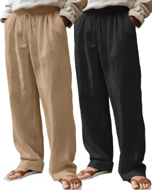 Riyiper 2 Pack Men's Linen Pants, Casual Pants with Pockets Lightweight Pants Elastic Waist Yoga Lounge Trousers