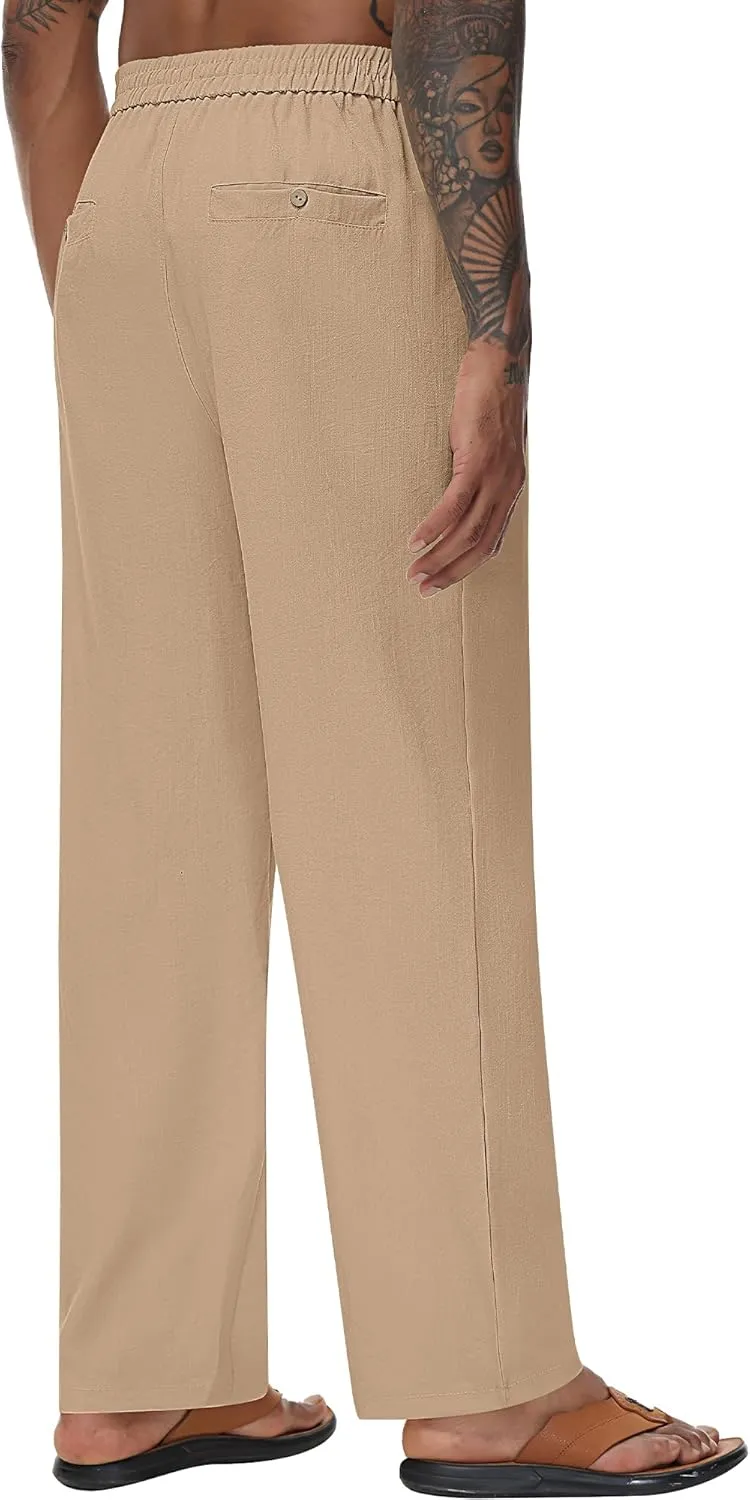 Riyiper 2 Pack Men's Linen Pants, Casual Pants with Pockets Lightweight Pants Elastic Waist Yoga Lounge Trousers