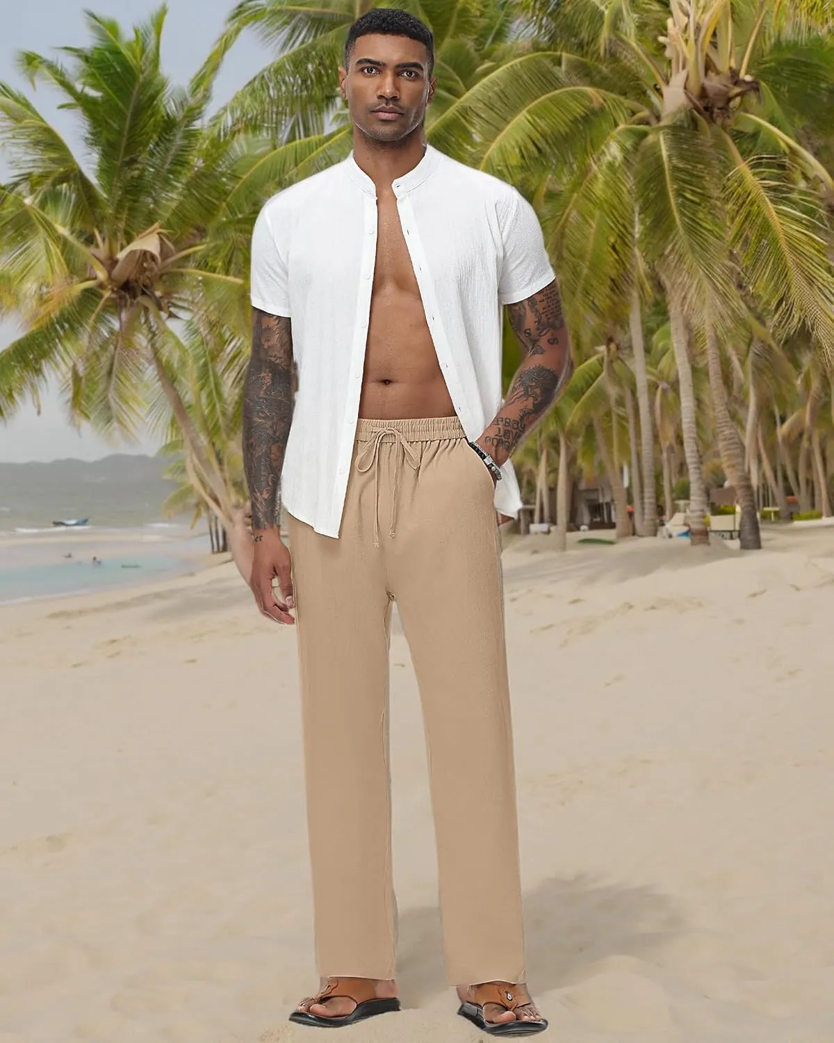 Riyiper 2 Pack Men's Linen Pants, Casual Pants with Pockets Lightweight Pants Elastic Waist Yoga Lounge Trousers