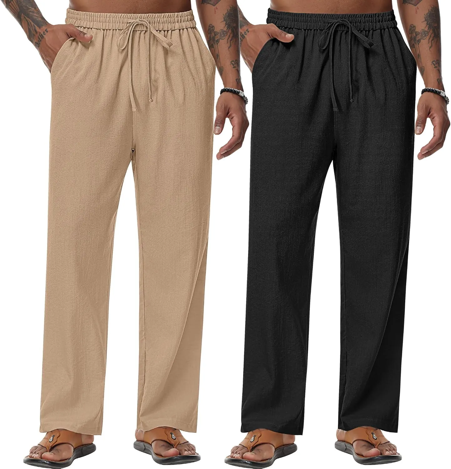 Riyiper 2 Pack Men's Linen Pants, Casual Pants with Pockets Lightweight Pants Elastic Waist Yoga Lounge Trousers