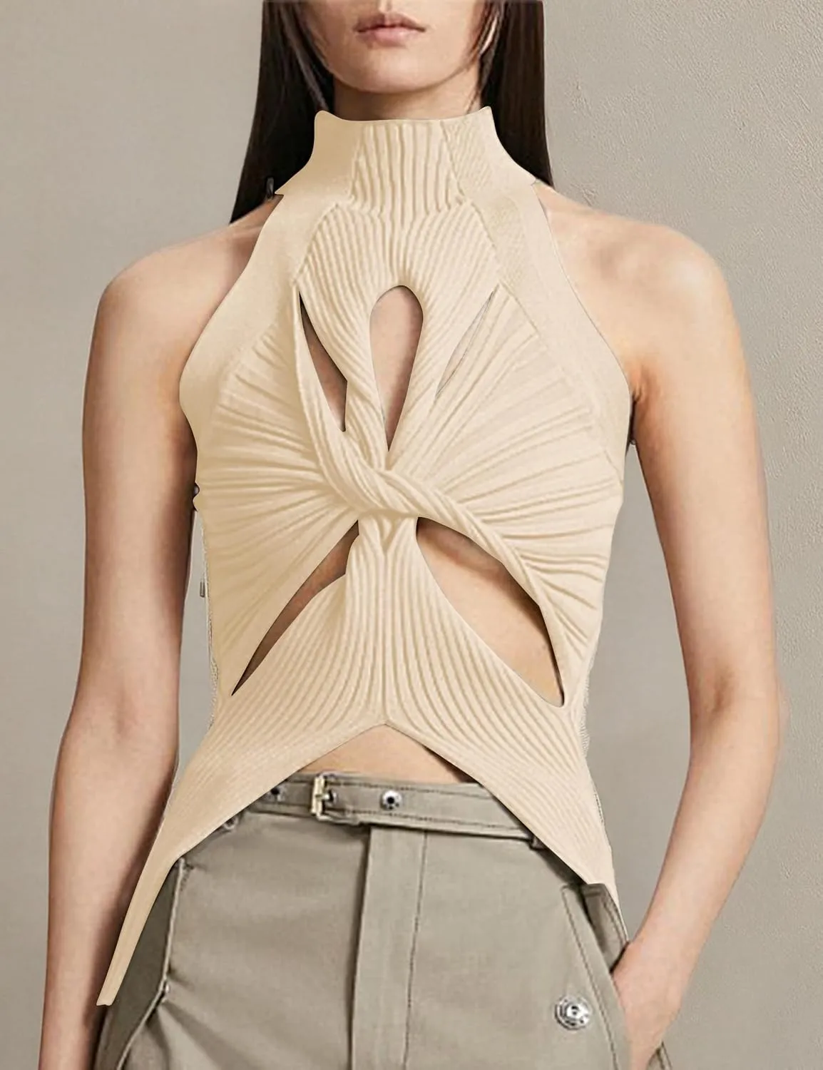 SAFRISIOR Women Sexy Hollow Out Twist Front Knitted Tank Tops Sleeveless High Neck Cut Out Sweater Vest