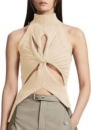 SAFRISIOR Women Sexy Hollow Out Twist Front Knitted Tank Tops Sleeveless High Neck Cut Out Sweater Vest