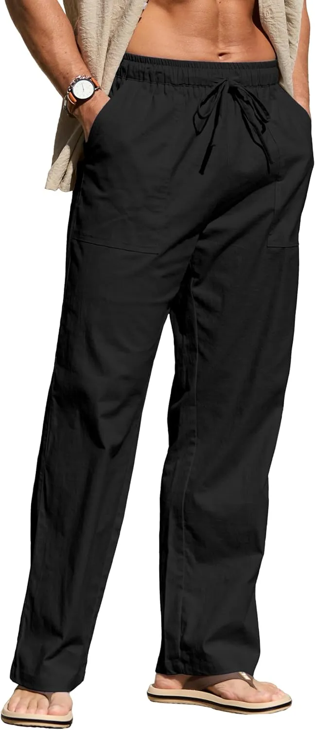 Sailwind Men's Casual Linen Pants Beach Summer Elastic Waist Drawstring Pants Lightweight Linen Trousers