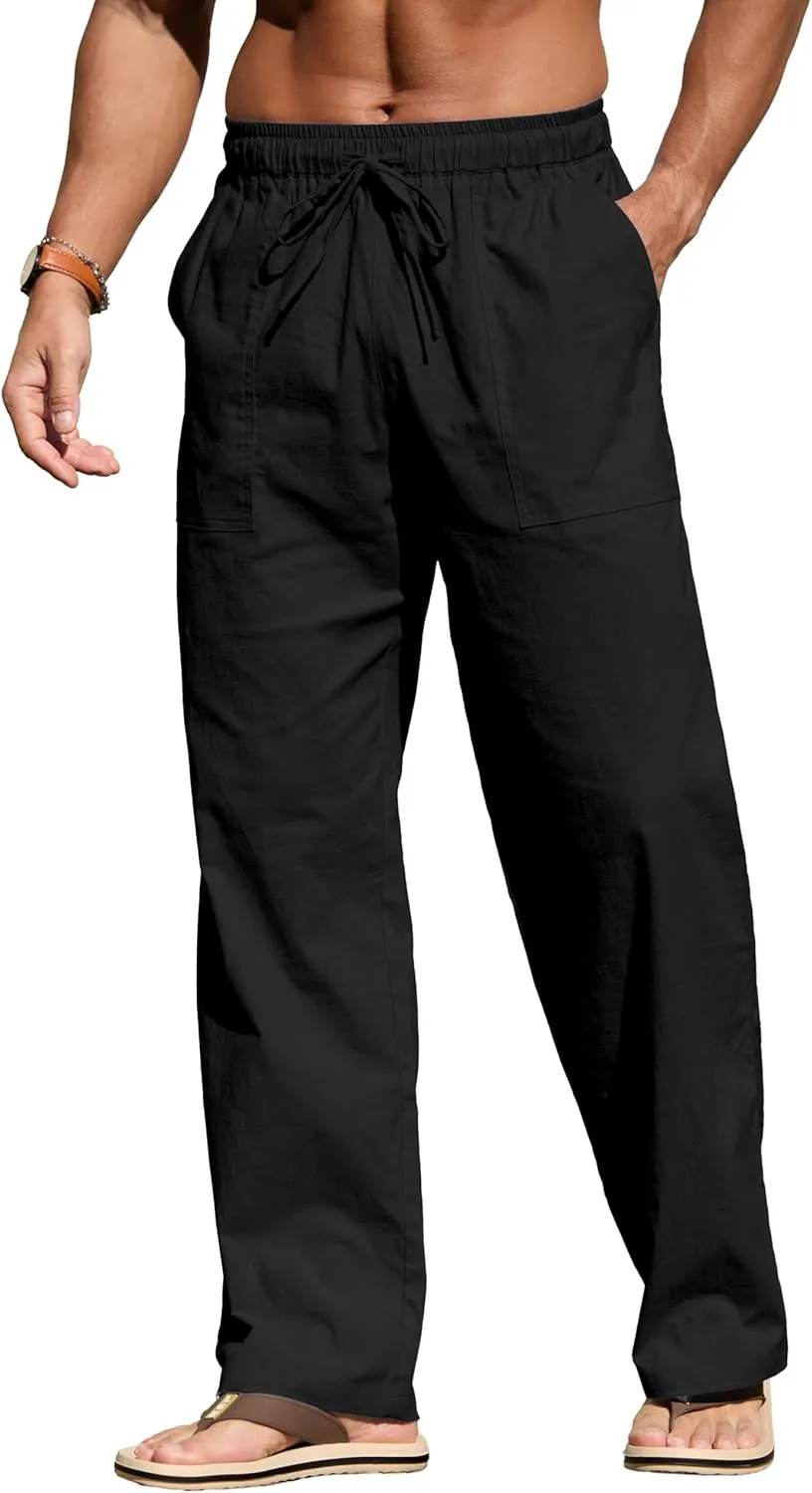Sailwind Men's Casual Linen Pants Beach Summer Elastic Waist Drawstring Pants Lightweight Linen Trousers