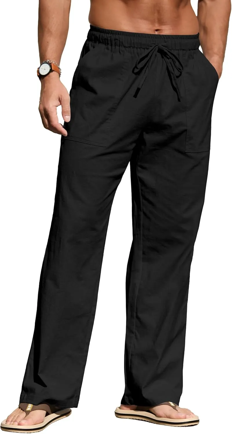 Sailwind Men's Casual Linen Pants Beach Summer Elastic Waist Drawstring Pants Lightweight Linen Trousers