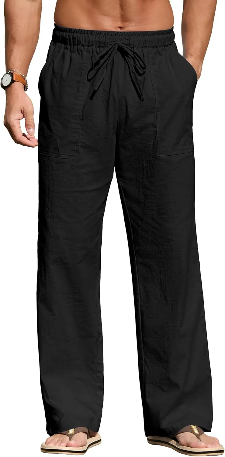 Sailwind Men's Casual Linen Pants Beach Summer Elastic Waist Drawstring Pants Lightweight Linen Trousers