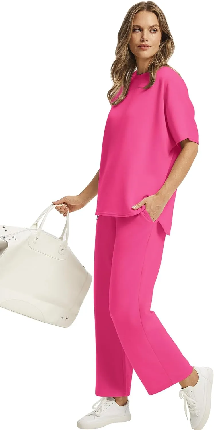 SAMPEEL Two Piece Sets for Women Summer Outfits Oversized Wide Leg Crop Pants Lounge Sets Airport Beach Vacation Clothes