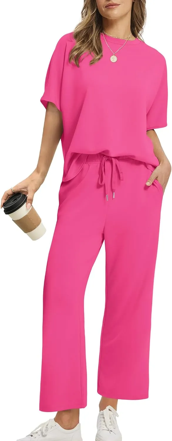 SAMPEEL Two Piece Sets for Women Summer Outfits Oversized Wide Leg Crop Pants Lounge Sets Airport Beach Vacation Clothes