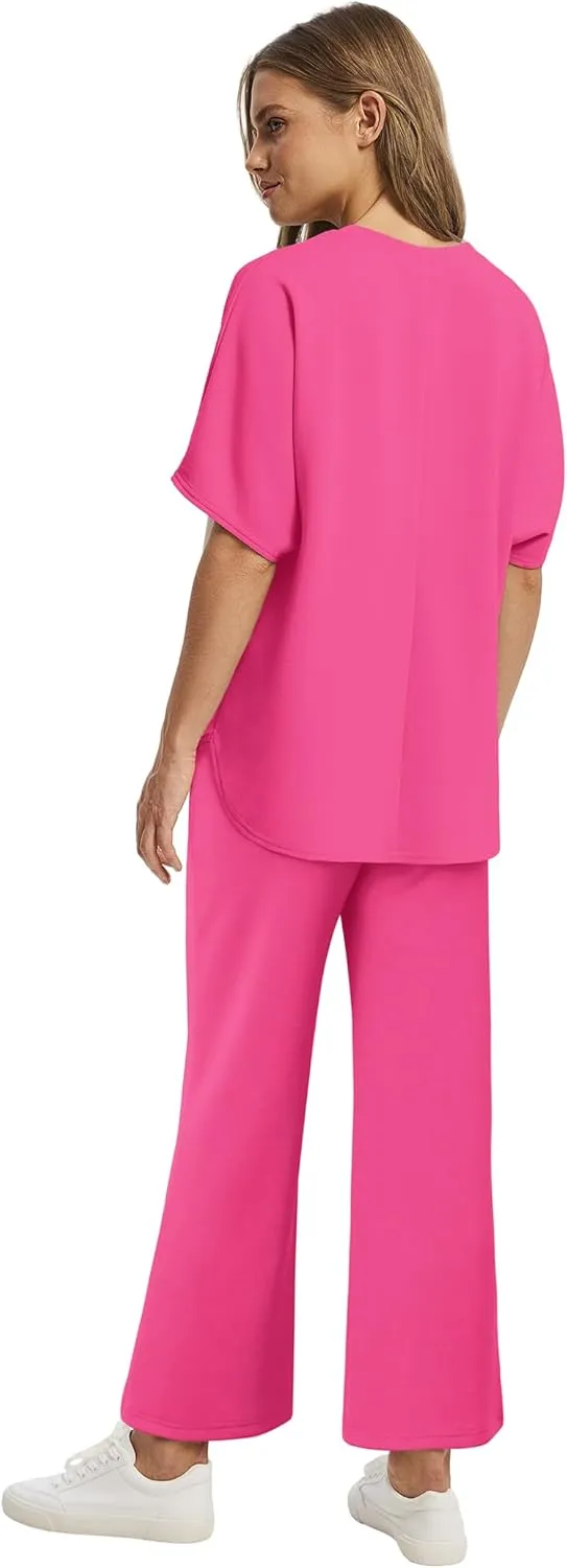 SAMPEEL Two Piece Sets for Women Summer Outfits Oversized Wide Leg Crop Pants Lounge Sets Airport Beach Vacation Clothes