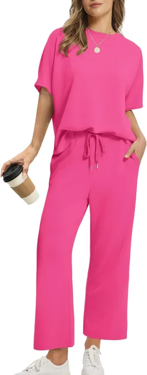 SAMPEEL Two Piece Sets for Women Summer Outfits Oversized Wide Leg Crop Pants Lounge Sets Airport Beach Vacation Clothes