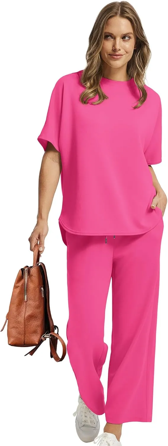 SAMPEEL Two Piece Sets for Women Summer Outfits Oversized Wide Leg Crop Pants Lounge Sets Airport Beach Vacation Clothes