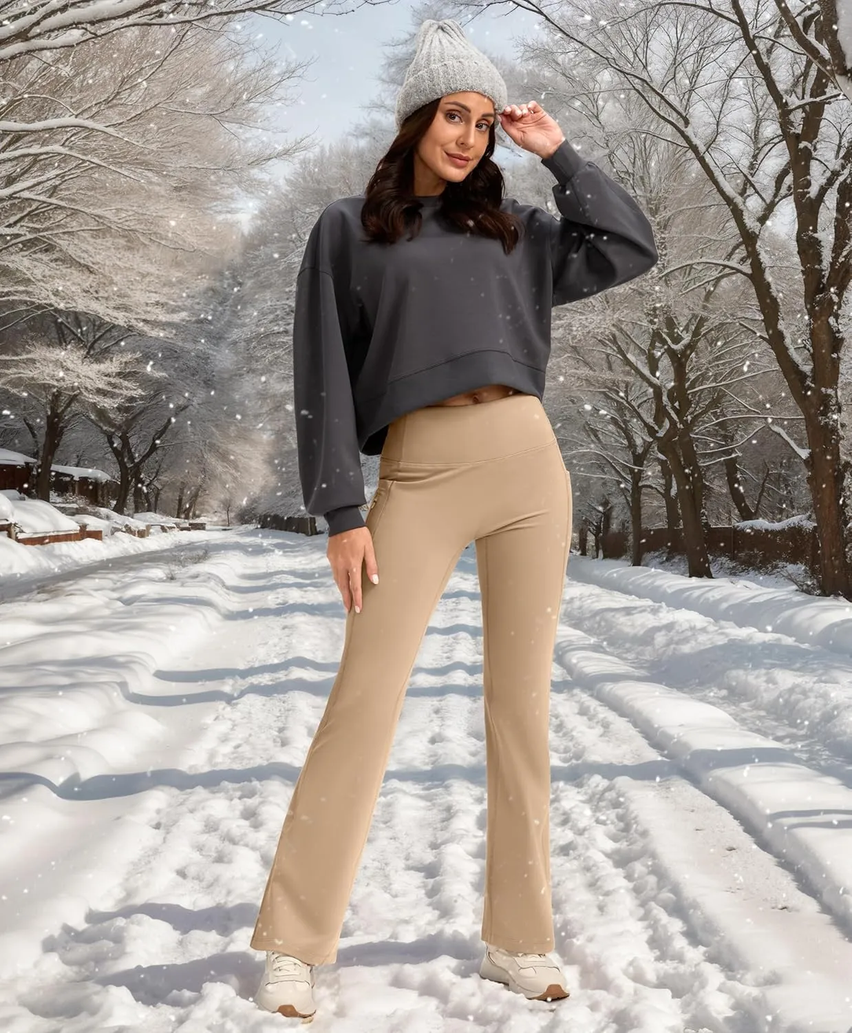 SANTINY Fleece Lined Flare Leggings Women 28.5/30.5/32 Water Resistant Winter Bell Bottom Hiking Yoga Pants with Pockets