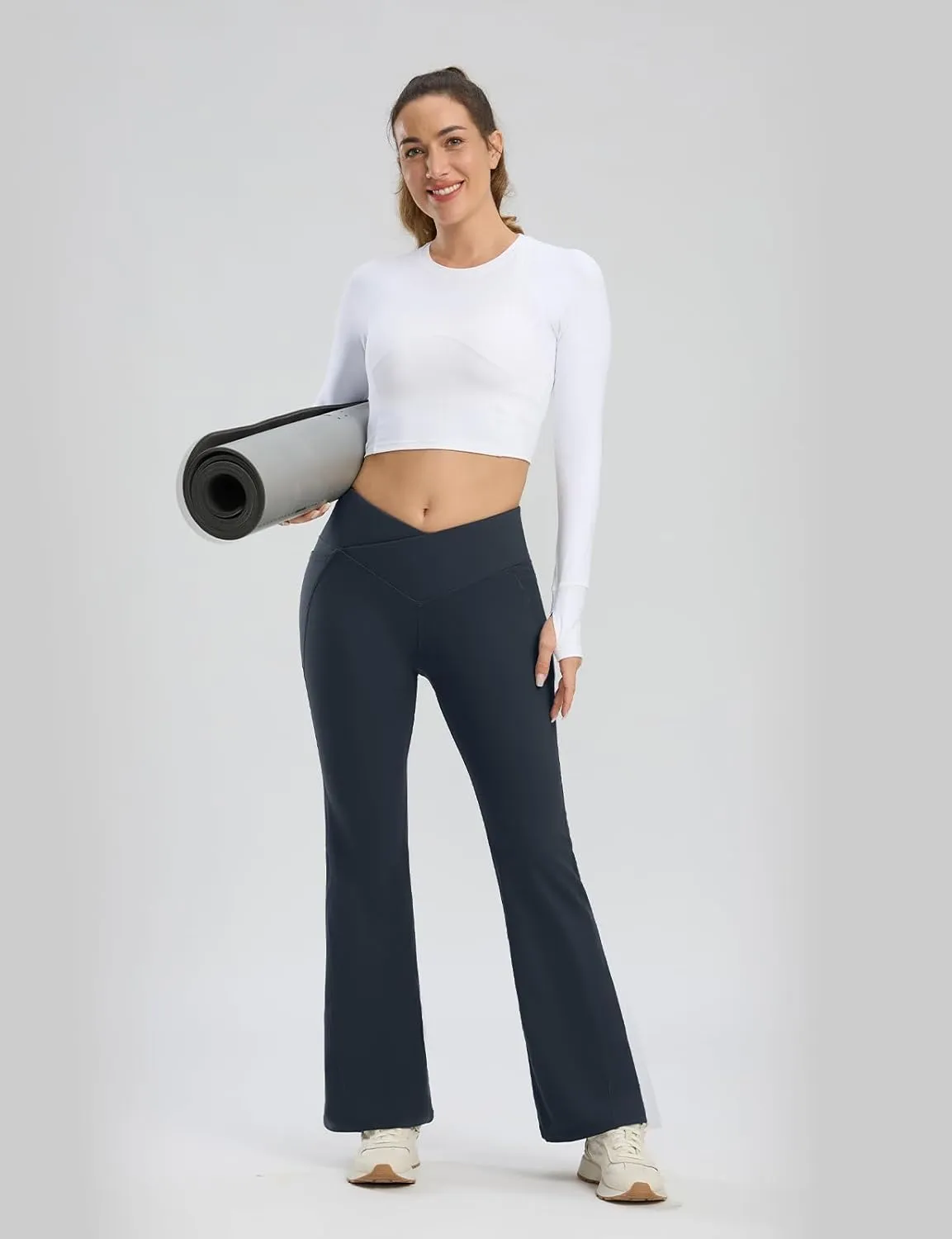 Seamaid Women's Fleece Lined Pants 30" Water Resistant Crossover Flare Leggings Winter Bell Bottom Yoga Pants with Pockets