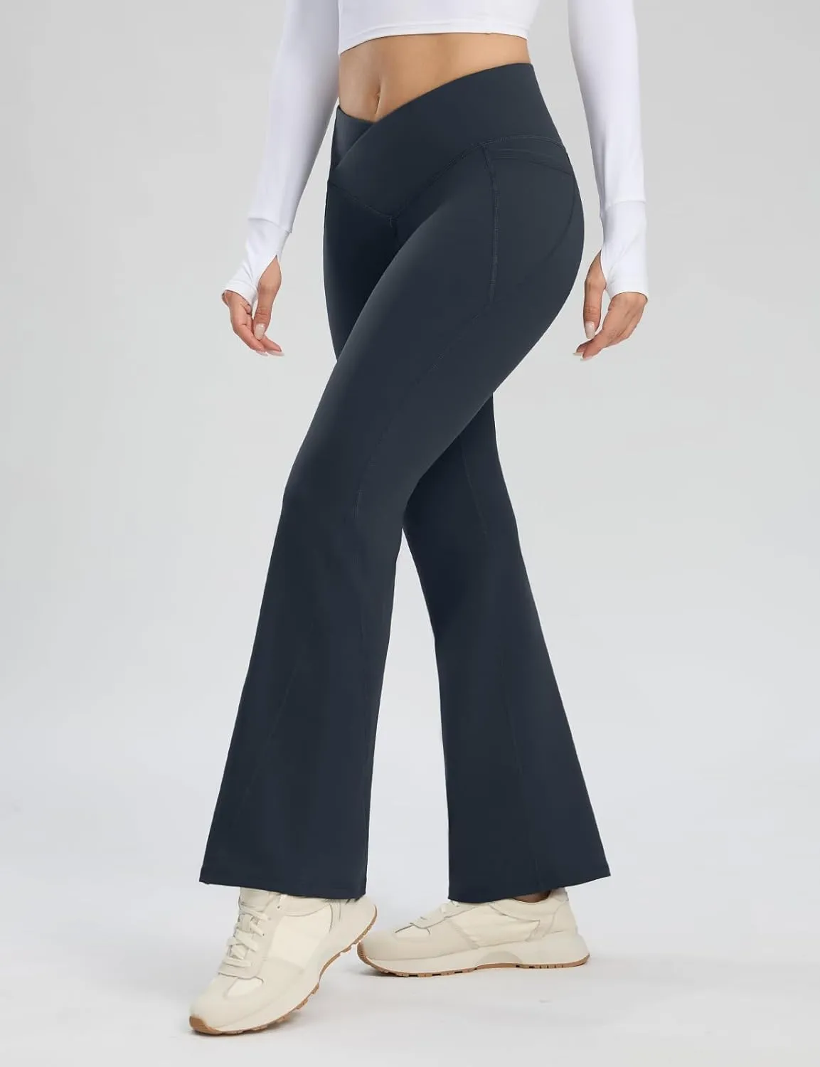Seamaid Women's Fleece Lined Pants 30" Water Resistant Crossover Flare Leggings Winter Bell Bottom Yoga Pants with Pockets