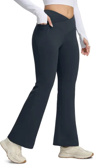 Seamaid Women's Fleece Lined Pants 30" Water Resistant Crossover Flare Leggings Winter Bell Bottom Yoga Pants with Pockets