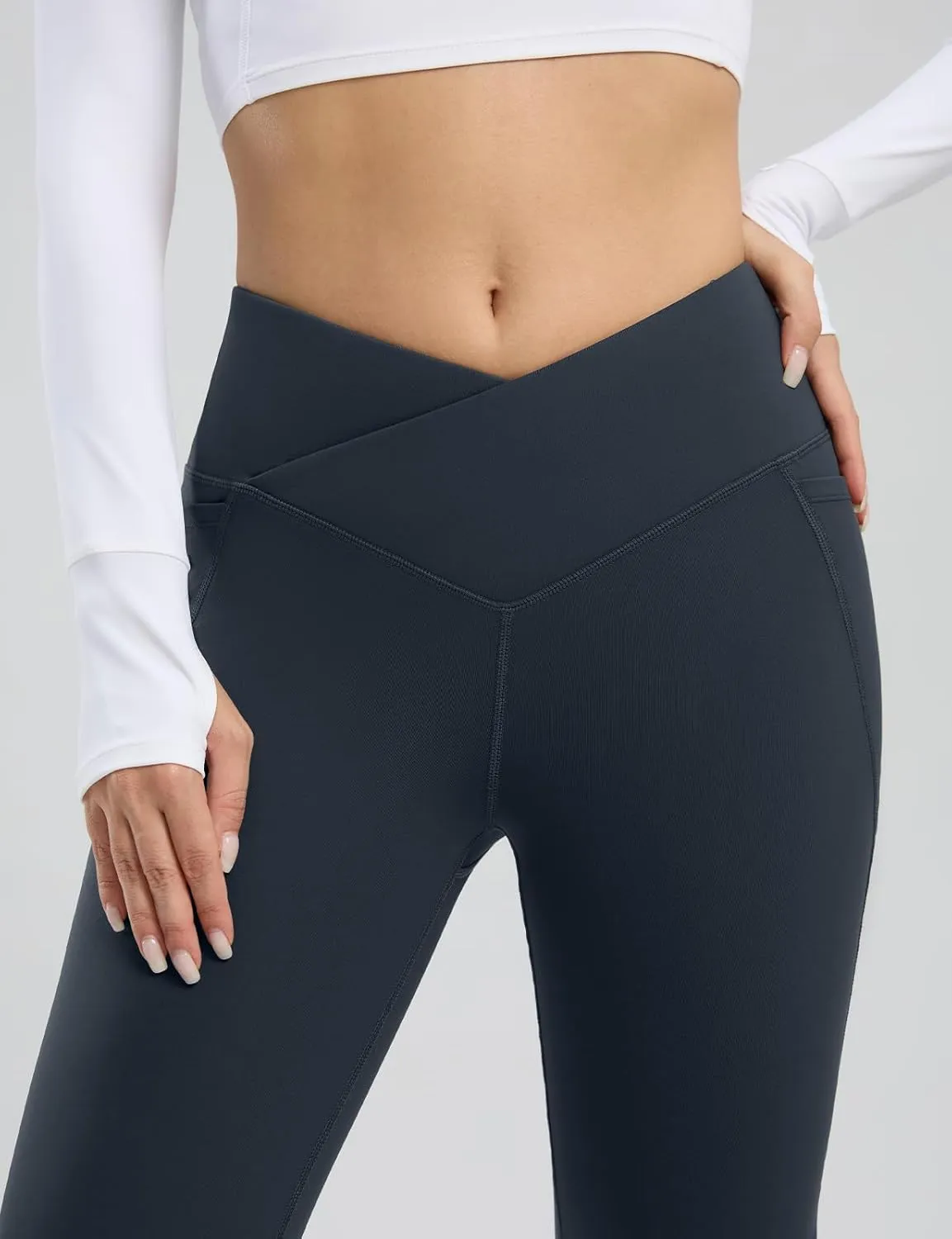 Seamaid Women's Fleece Lined Pants 30" Water Resistant Crossover Flare Leggings Winter Bell Bottom Yoga Pants with Pockets