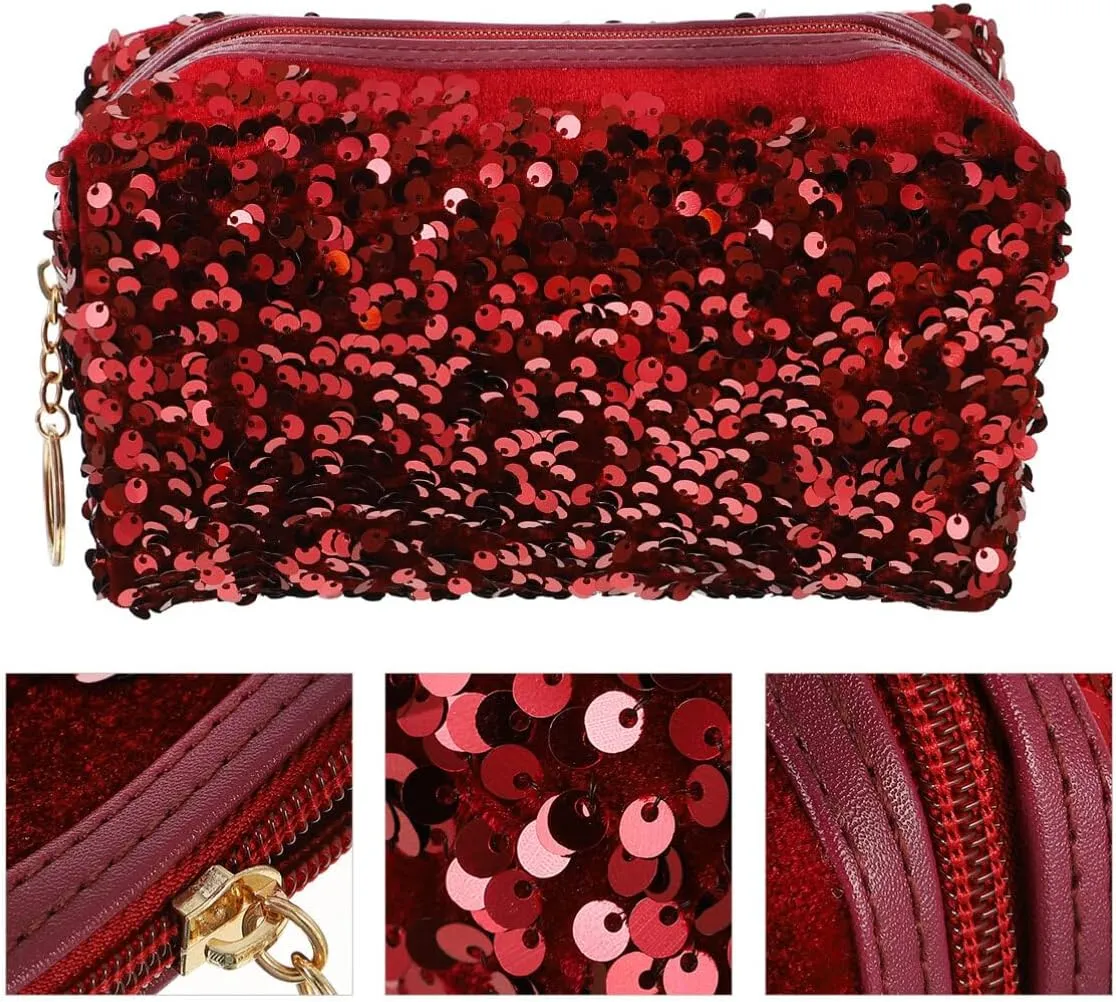 Sequin Cosmetic Bag Portable Glitter Makeup Zipper Bag Toiletry Bag Sequin Organizer Bag for Women Girls Travel Daily Use (Black)