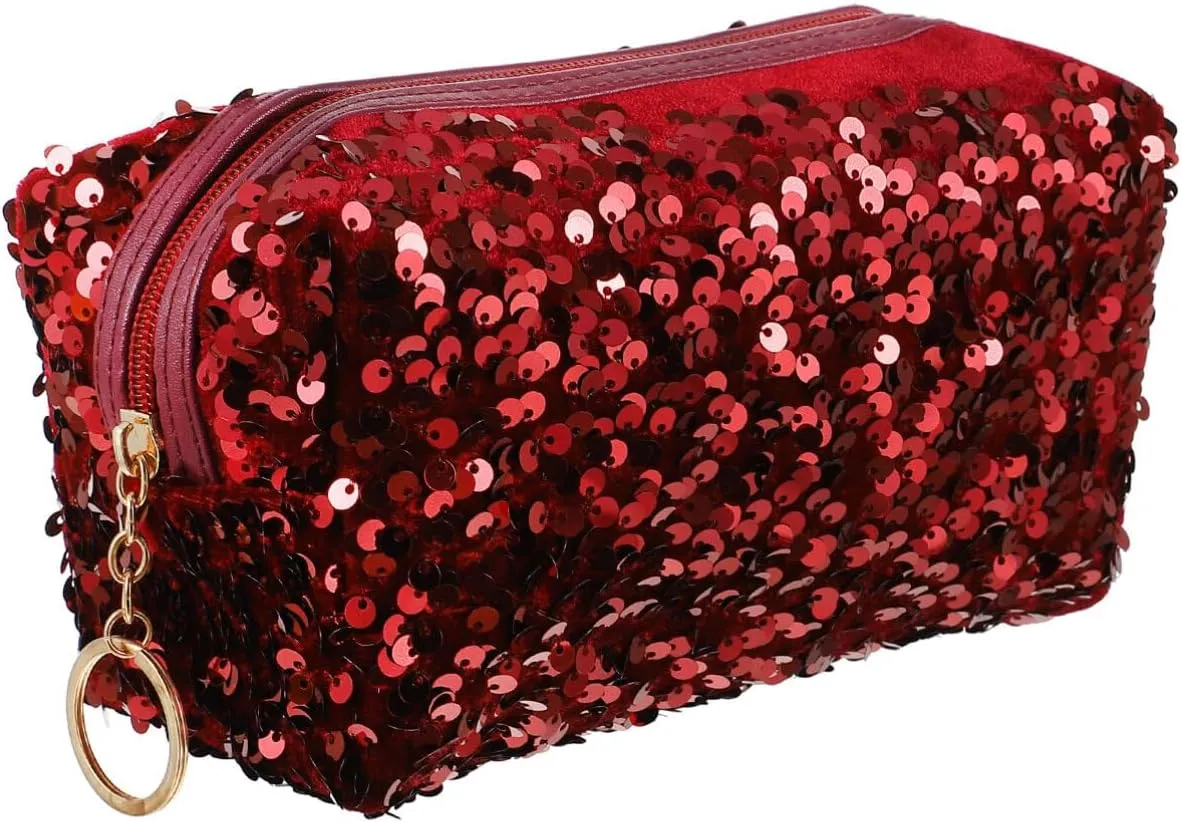 Sequin Cosmetic Bag Portable Glitter Makeup Zipper Bag Toiletry Bag Sequin Organizer Bag for Women Girls Travel Daily Use (Black)