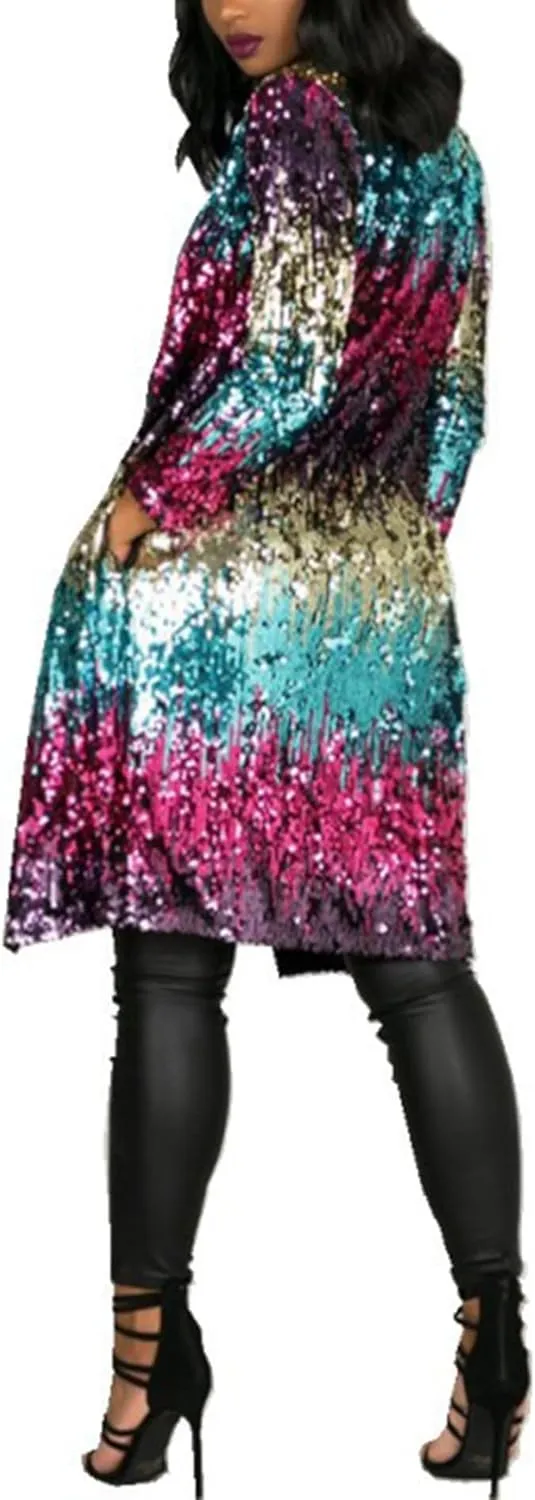 Sexyshine Women's Sparkly Multicolor Sequins Open Front Long Cardigan Long Sleeve Slim Fit Blazer Coat Glitter Cover Ups