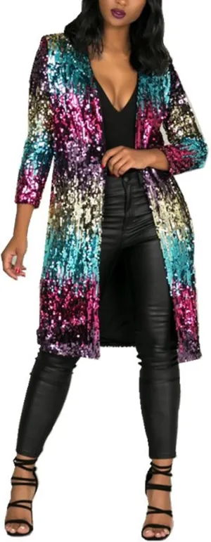 Sexyshine Women's Sparkly Multicolor Sequins Open Front Long Cardigan Long Sleeve Slim Fit Blazer Coat Glitter Cover Ups