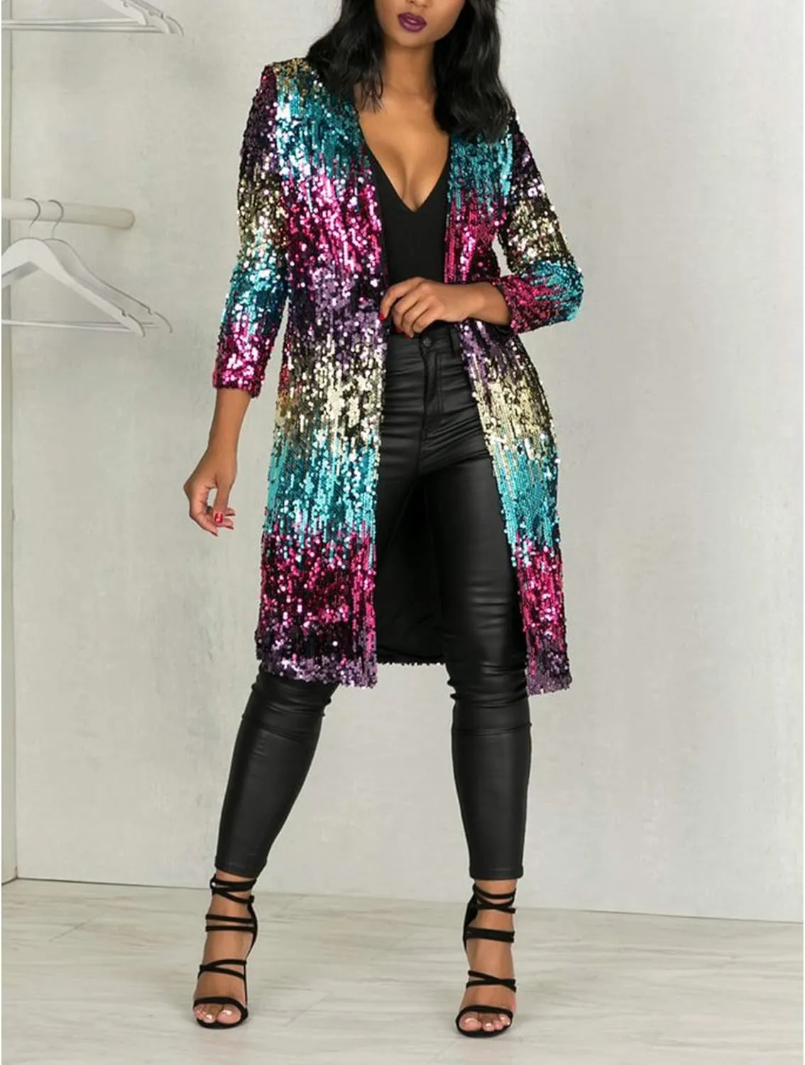 Sexyshine Women's Sparkly Multicolor Sequins Open Front Long Cardigan Long Sleeve Slim Fit Blazer Coat Glitter Cover Ups