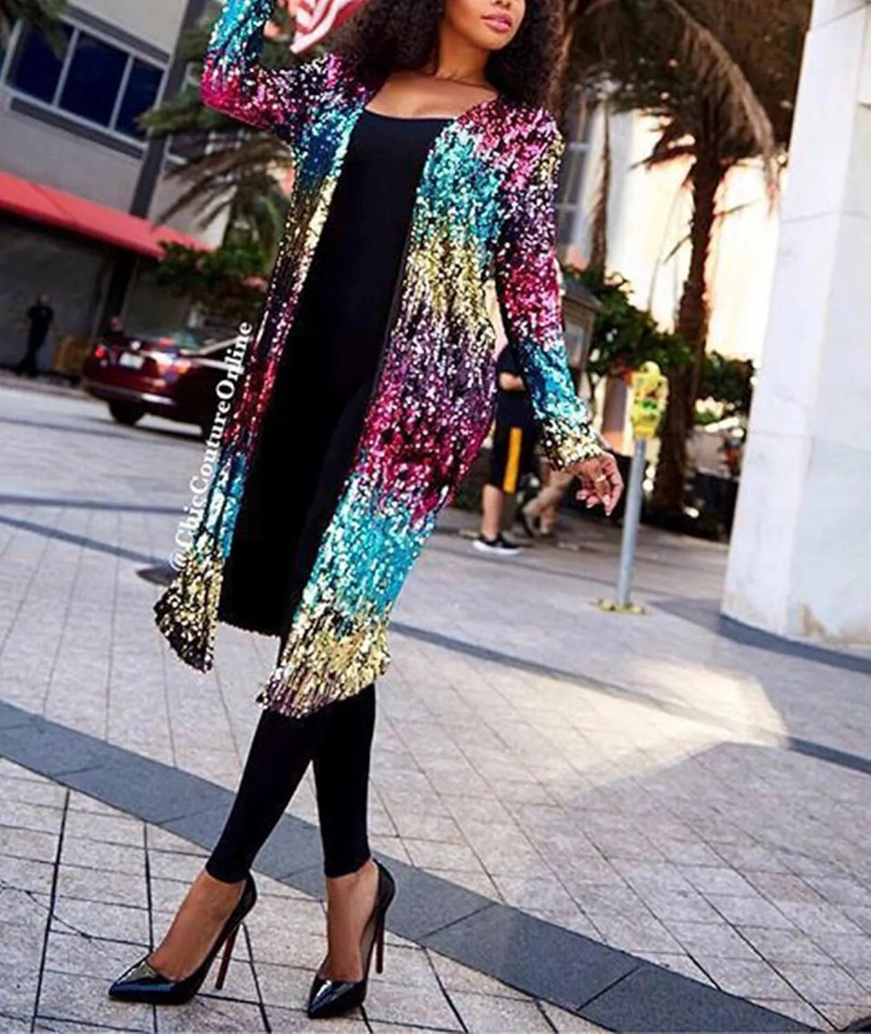 Sexyshine Women's Sparkly Multicolor Sequins Open Front Long Cardigan Long Sleeve Slim Fit Blazer Coat Glitter Cover Ups