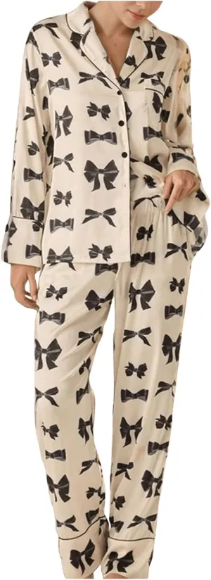 SHENHE Women's Pajamas Set Bow Print Long Sleeve Button Down Shirt and Pants Cute Comfy Pjs Set