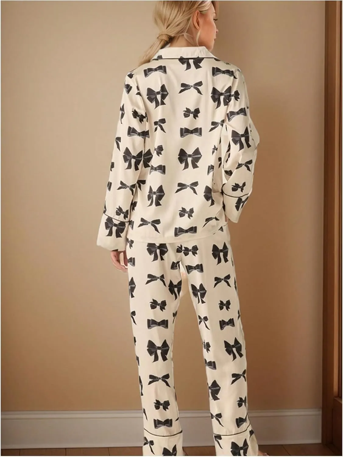 SHENHE Women's Pajamas Set Bow Print Long Sleeve Button Down Shirt and Pants Cute Comfy Pjs Set