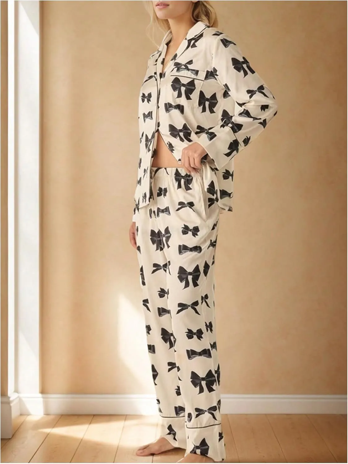 SHENHE Women's Pajamas Set Bow Print Long Sleeve Button Down Shirt and Pants Cute Comfy Pjs Set