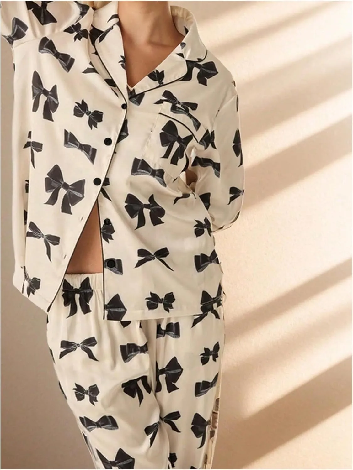 SHENHE Women's Pajamas Set Bow Print Long Sleeve Button Down Shirt and Pants Cute Comfy Pjs Set