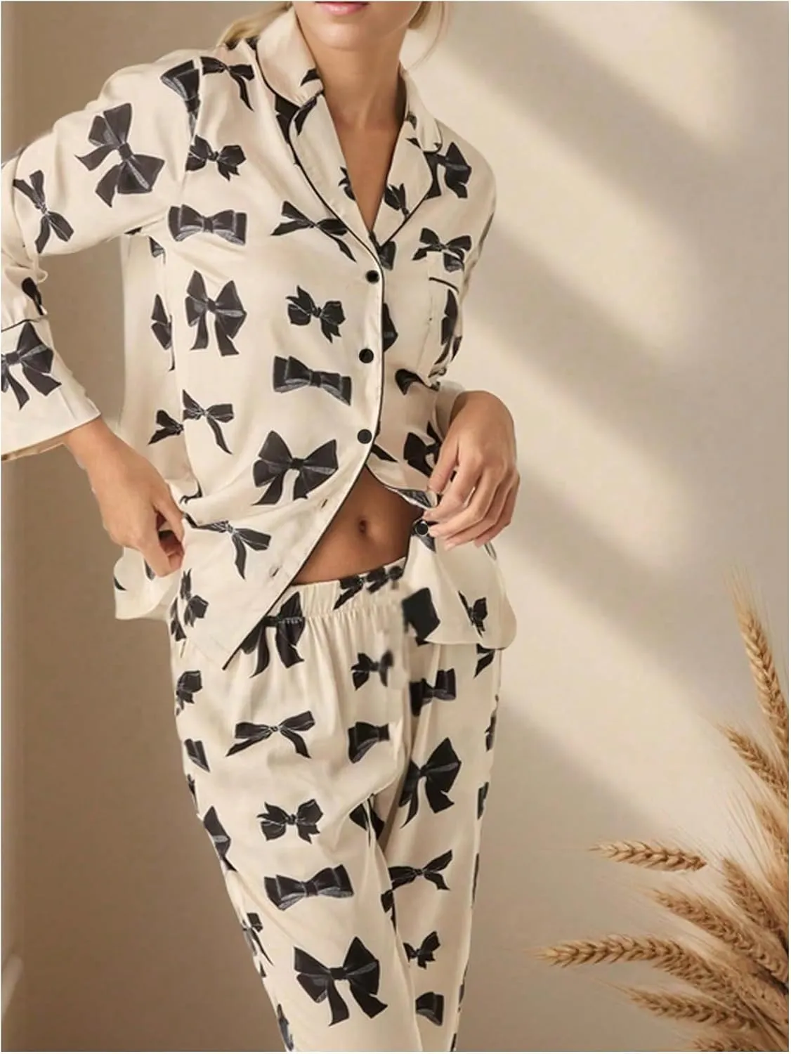 SHENHE Women's Pajamas Set Bow Print Long Sleeve Button Down Shirt and Pants Cute Comfy Pjs Set