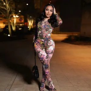 SHESEEWORLD Women's Sexy 2 Piece Outfits Mesh Printed Long Sleeve Round Neck Tops and Bodycon Long Pants Sets